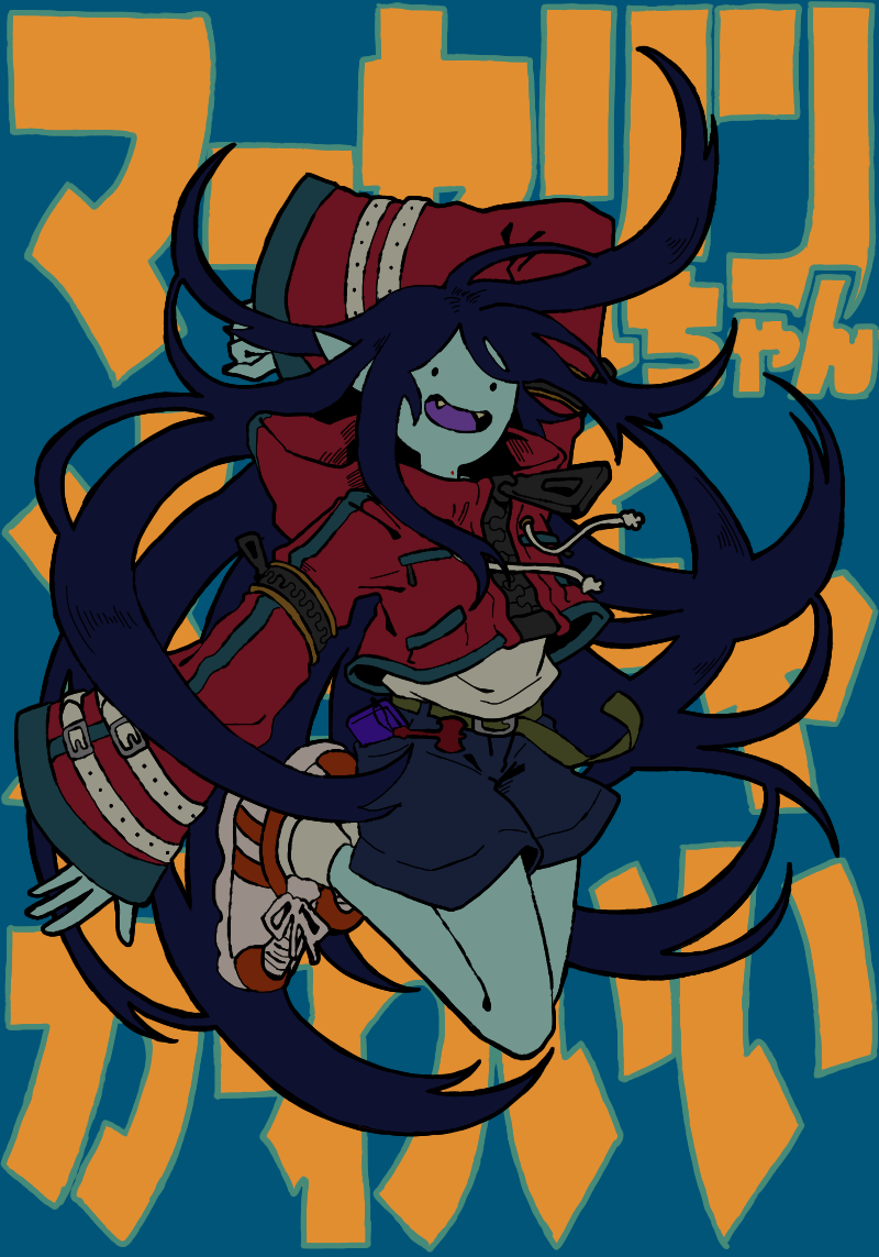 1girl adventure_time bite_mark bite_mark_on_neck colored_skin commentary fangs long_hair marceline_abadeer open_mouth pointy_ears raya_(uk_0128) shorts solo vampire