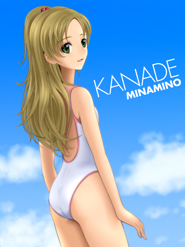 1girl :d ass blue_sky brown_hair character_name cloud cowboy_shot day dutch_angle female_focus from_behind green_eyes hair_bobbles hair_ornament long_hair looking_back minamino_kanade one-piece_swimsuit open_mouth ponytail precure sekken_kasu_barrier sky smile solo standing suite_precure swimsuit very_long_hair white_one-piece_swimsuit