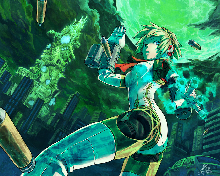 1girl aigis_(persona) android atlus blonde_hair blue_eyes bow cyborg female_focus full_moon joints moon persona persona_3 ribbon robot_joints short_hair solo tartarus