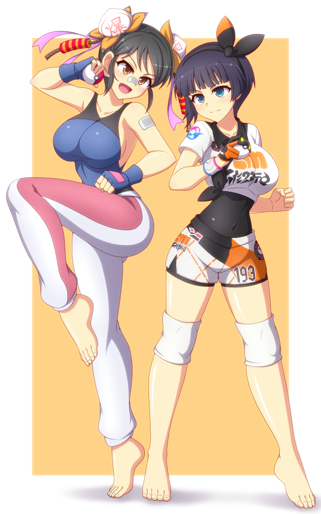2girls :d bandages bandaid bandaid_on_arm bandaid_on_face bandaid_on_nose baozi_hair_ornament barefoot bea_(pokemon) bea_(pokemon)_(cosplay) black_bodysuit black_collar black_gloves black_hair black_hairband blue_eyes blue_gloves blue_hair blush bodysuit bodysuit_under_clothes bow_hairband bowl_cut breasts bun_(food) closed_mouth collar collarbone cosplay covered_navel crossover double_bun dynamax_band feet fingerless_gloves firecrackers food food-themed_hair_ornament gloves hair_bun hair_ornament hairband holding holding_poke_ball knee_pads large_breasts leotard leotard_under_clothes linea_alba looking_at_another maylene_(pokemon) maylene_(pokemon)_(cosplay) meimei_(senran_kagura) multiple_girls nintendo number_print open_mouth orange_background orange_eyes orange_gloves pants pink_pants poke_ball poke_ball_(basic) pokemon pokemon_dppt pokemon_swsh print_shirt print_shorts purple_ribbon ribbon senran_kagura senran_kagura_new_wave senran_kagura_shinovi_versus shiny_skin shirt short_hair short_sleeves shorts side_slit side_slit_shorts sideboob single_glove smile standing standing_on_one_leg steamed_bun sweatpants tied_shirt tongue two-tone_background two-tone_gloves two-tone_pants ultra_ball white_background white_pants yozakura_(senran_kagura) zetsumu