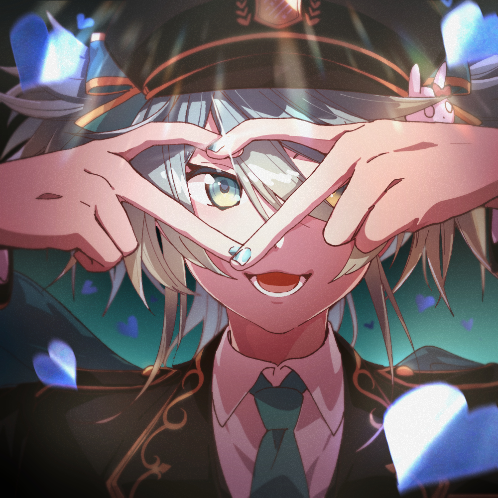 1boy :d aioka_(aichiu_kuchiu) alternate_costume aqua_eyes aqua_hair aqua_nails black_hat black_jacket cape collared_shirt commentary_request confetti eyelashes green_background green_necktie hair_between_eyes hair_ornament hair_ribbon hat heart heart_hands heart_hands_over_eye holostars holostars_idol_uniform_(2nd_act) idol_clothes jacket kagami_kira looking_at_viewer lower_teeth_only male_focus necktie open_mouth peaked_cap portrait rabbit_hair_ornament ribbon shirt smile solo swept_bangs teeth trap twintails two_side_up upper_body virtual_youtuber white_shirt