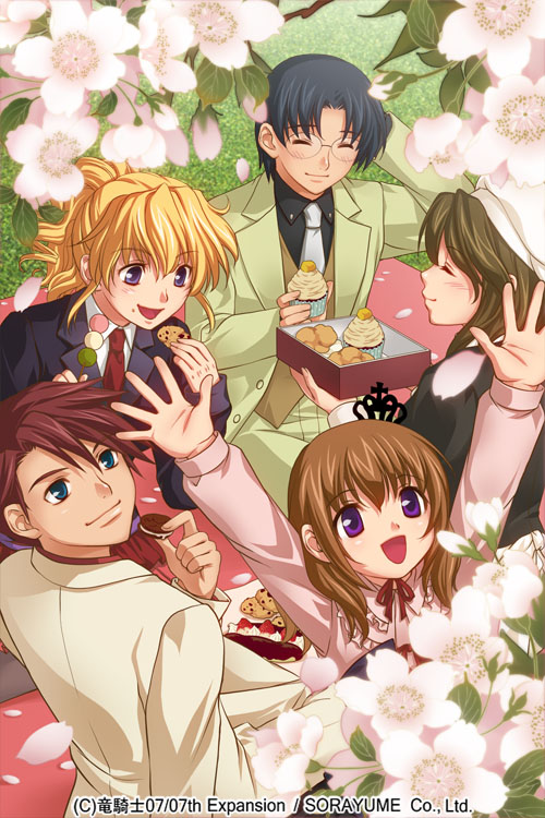 07th_expansion 2boys 3girls ^_^ arm_behind_head beret black_hair blonde_hair blue_eyes blush brown_hair cherry_blossoms closed_eyes cookie cream_puff crown dango dress closed_eyes food food_on_face glasses hanami hat izumi_natsuka mont_blanc_(food) multiple_boys multiple_girls necktie no_naku_koro_ni_(series) open_mouth picnic ponytail purple_eyes red_hair seiza shannon_(umineko) sitting smile umineko_no_naku_koro_ni ushiromiya_battler ushiromiya_george ushiromiya_jessica ushiromiya_maria wagashi