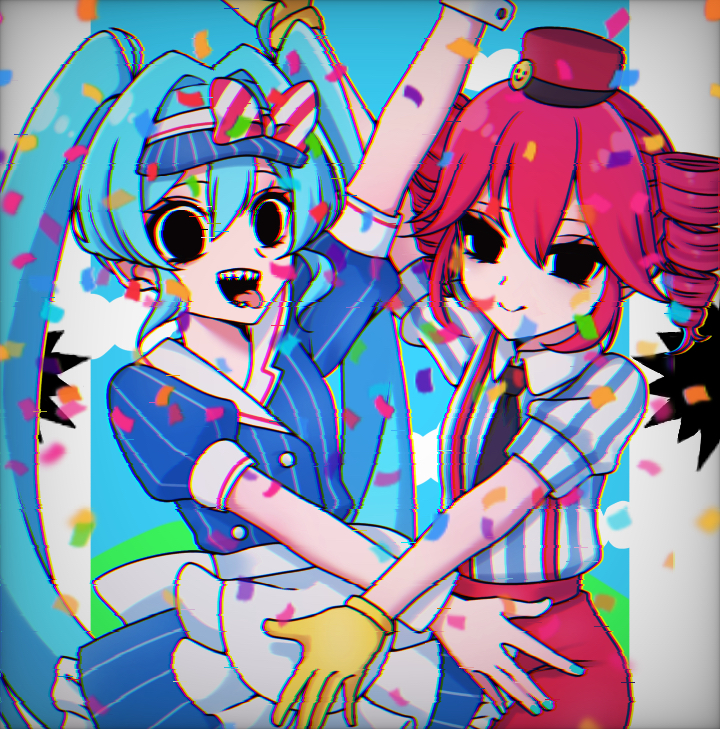 2girls apron black_eyes black_necktie blue_dress blue_hair blue_nails bow buttons closed_mouth collared_shirt commentary confetti diagonal-striped_bow double-breasted dress drill_hair flat_chest floral_ice frilled_apron frills gloves hair_between_eyes hair_intakes hat hatsune_miku kasane_teto long_hair mesmerizer_(vocaloid) multiple_girls necktie open_mouth pants pink_hair pink_pants puffy_short_sleeves puffy_sleeves red_hat sharp_teeth shirt short_sleeves smile striped_clothes striped_dress striped_shirt suspenders teeth tongue tongue_out twin_drills twintails v-shaped_eyebrows vertical-striped_clothes vertical-striped_dress vertical-striped_shirt visor_cap vocaloid waist_apron waitress white_apron white_shirt wrist_cuffs yellow_gloves