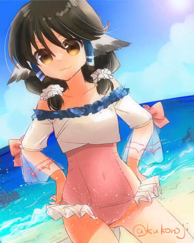 1girl :3 ainu_clothes animal_ears aquaplus aruruu ass bare_shoulders breasts brown_hair closed_mouth collarbone frilled_swimsuit frills gradient_eyes hair_between_eyes hair_ornament hair_over_shoulder hands_on_own_hips kukonoji long_sleeves looking_at_viewer lowres medium_hair multicolored_eyes off_shoulder orange_eyes see-through_clothes see-through_sleeves sidelocks signature small_breasts solo swimsuit tail thighs twintails utawarerumono utawarerumono:_lost_flag wide_sleeves