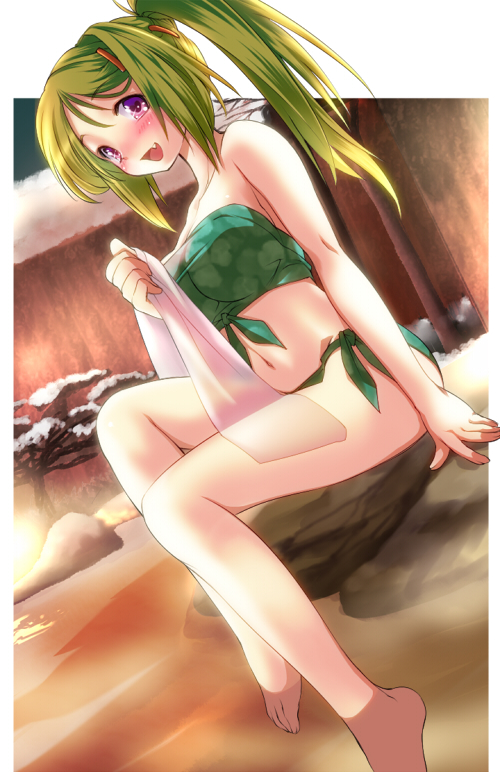 1girl alric barefoot bikini dutch_angle fang feet female_focus green_hair long_hair onsen original side_ponytail sitting soaking_feet solo swimsuit towel water