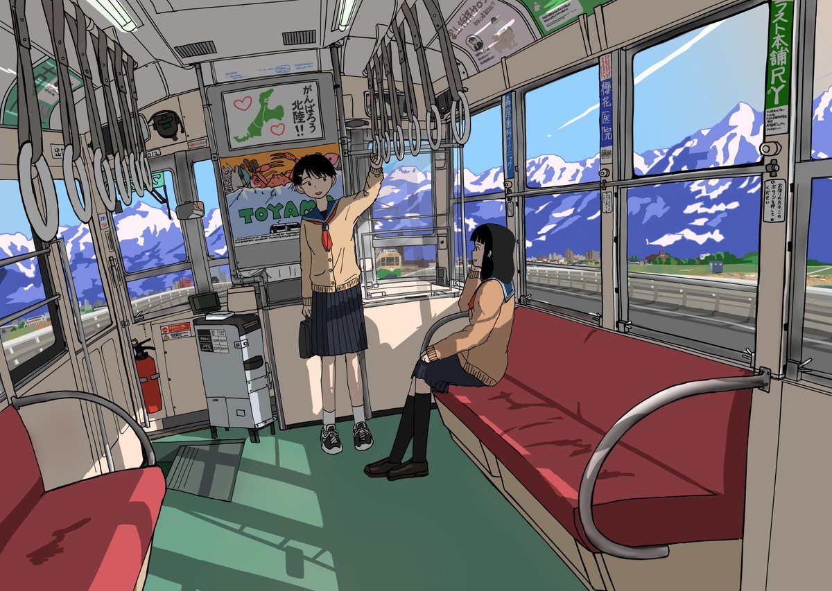 2girls arm_up black_footwear black_hair black_socks blue_sailor_collar blue_skirt brown_cardigan cardigan commentary day fire_extinguisher from_side hand_on_own_knee kneehighs komejirushi28 landscape loafers long_sleeves looking_at_another medium_hair mountainous_horizon multiple_girls neckerchief original pleated_skirt poster_(object) red_neckerchief sailor_collar school_uniform shoes short_hair sitting skirt sleeves_past_wrists sneakers socks standing streetcar toyama_prefecture train_interior