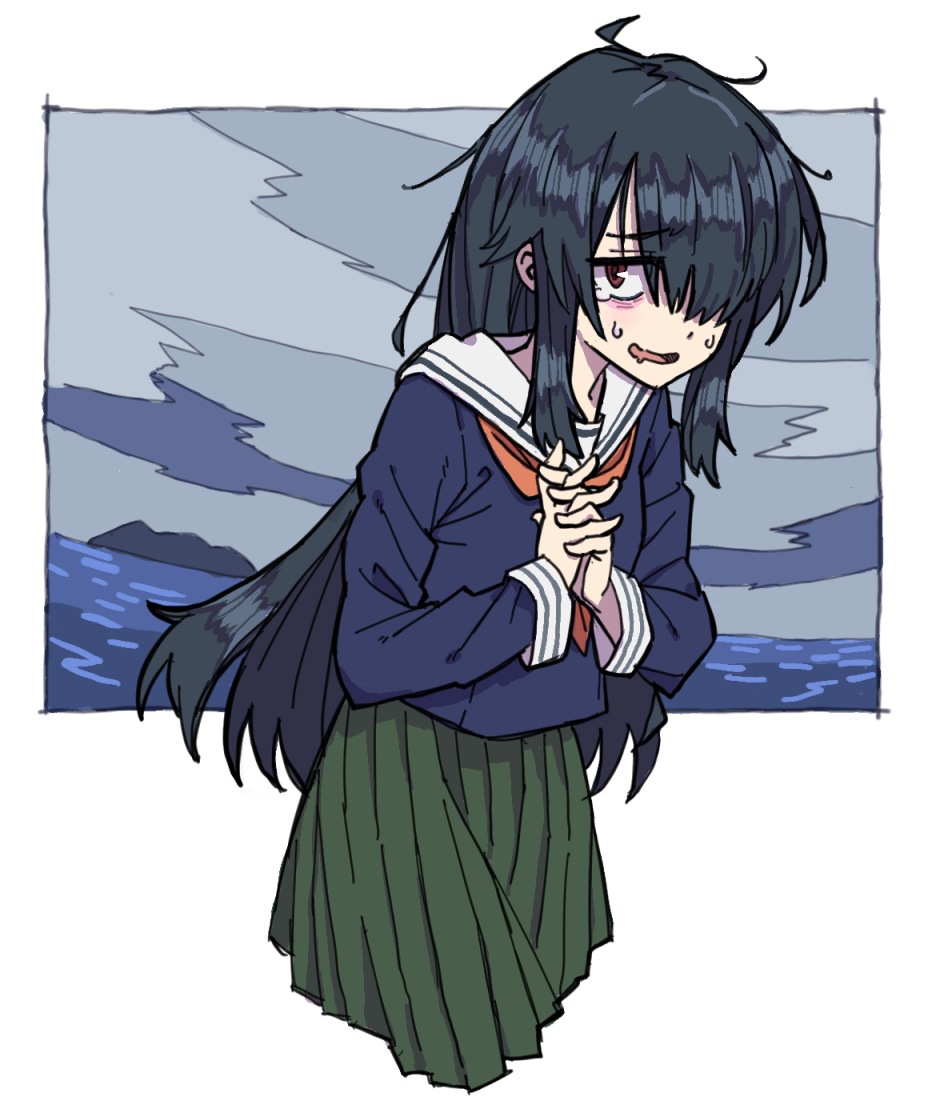 1girl bags_under_eyes blouse blue_hair blue_shirt cloud cloudy_sky drooling green_skirt hair_over_one_eye izumozaki_neneko jimiko jitome jitsusan long_hair long_skirt long_sleeves messy_hair mojyo mouth_drool neckerchief ocean one_eye_covered open_mouth outdoors overcast pleated_skirt raised_eyebrow red_eyes red_neckerchief sanpaku school_uniform serafuku shironagasu-tou_e_no_kikan shirt sidelocks skirt sky sleeve_cuffs smile solo sweat tearing_up tears tongue unkempt_hair very_long_hair white_background