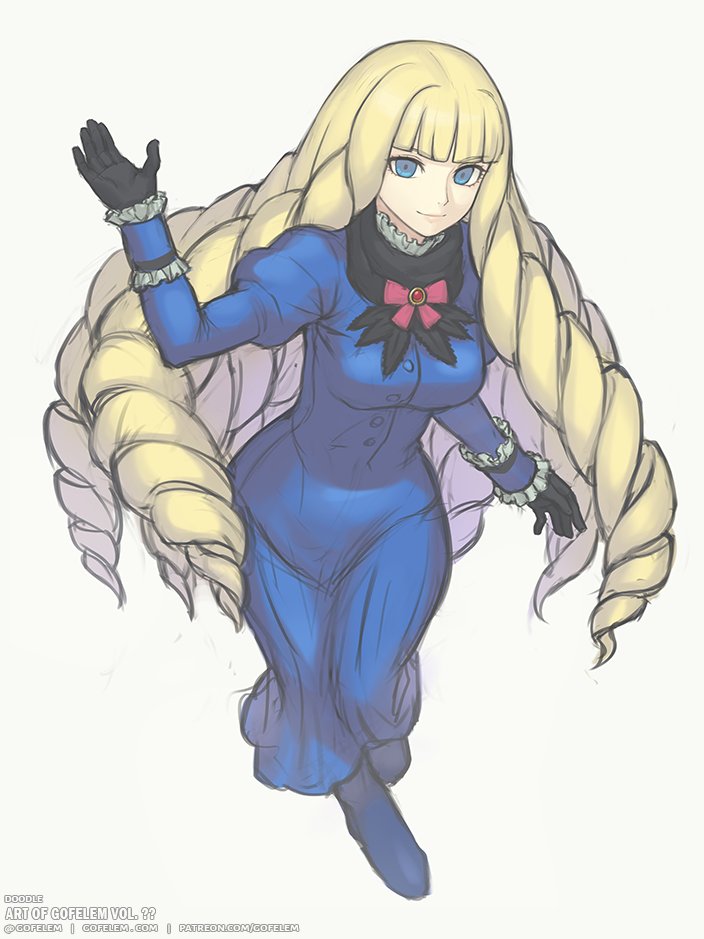1girl ass black_gloves blonde_hair blue_dress blue_eyes boots bow breasts brooch buttons cosplay dianna_soreil dress drill_hair frills gloves gofelem gundam jewelry kihel_heim kihel_heim_(cosplay) long_hair looking_at_viewer medium_breasts red_bow smile solo turn_a_gundam waving