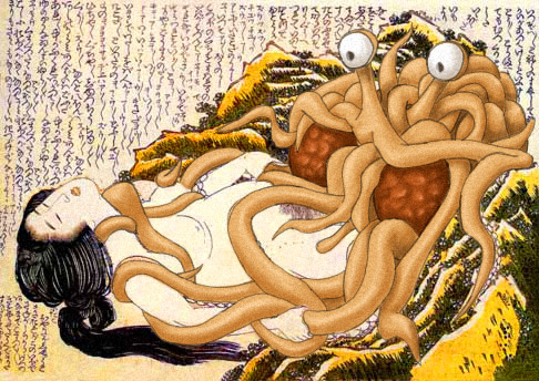 1girl artistic_nudity bestiality black_hair breasts closed_eyes cunnilingus eyebrows fine_art_parody flying_spaghetti_monster food hokusai interspecies japanese_text long_hair lowres lying meatball monster monster_sex nihonga nipple_stimulation nipple_tweak nipples nude octopus on_back oral outdoors parody pasta pubic_hair shunga small_breasts spaghetti tentacle_sex tentacles text_focus the_dream_of_the_fisherman&#039;s_wife translated ukiyo-e