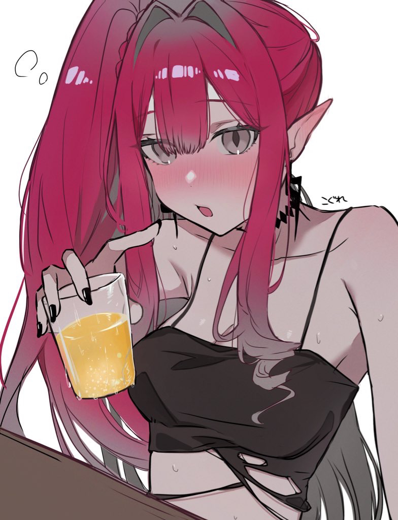 1girl 590kogure590 alcohol baobhan_sith_(fate) bare_arms bare_shoulders beer beer_mug black_nails blush breasts collarbone cup dress drunk earrings faerie_knights_(fate) fate/grand_order fate_(series) grey_eyes hair_between_eyes holding holding_cup jewelry long_hair looking_at_viewer mug nail_polish open_mouth parted_lips pink_hair pointy_ears side_ponytail simple_background solo table upper_body white_background