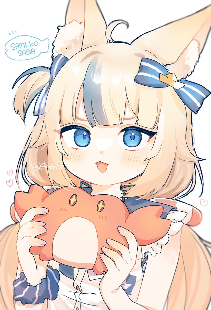 1girl :3 ahoge animal animal_ear_fluff animal_ears blonde_hair blue_eyes blue_hair blush bow buttons cat_ears character_name commentary crab dress hair_bow hands_up heart holding holding_animal indie_virtual_youtuber lifebuoy_hair_ornament long_hair looking_at_viewer low_twintails multicolored_hair one_side_up open_mouth ozu_(user_sjjz4357) sameko_saba scrunchie simple_background sleeveless sleeveless_dress solo sparkling_eyes streaked_hair twintails twitter_username very_long_hair virtual_youtuber white_background white_dress wrist_scrunchie