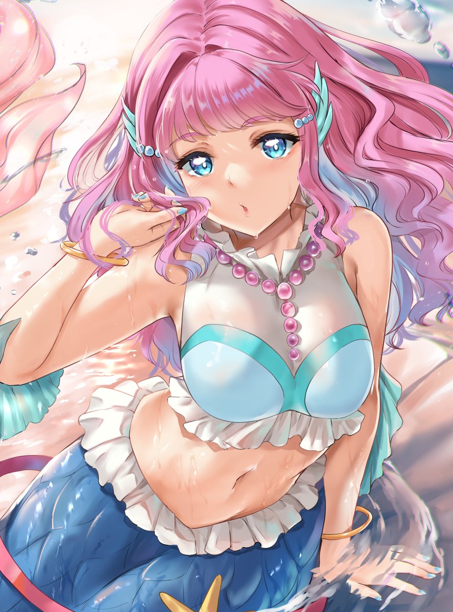 1girl arm_support blue_eyes bracelet breasts commentary_request fins head_fins highres jewelry kamishiro_ryuu laura_(precure) long_hair looking_at_viewer medium_breasts mermaid midriff monster_girl nail_polish navel partially_submerged pink_hair precure sleeveless solo tropical-rouge!_precure water wet