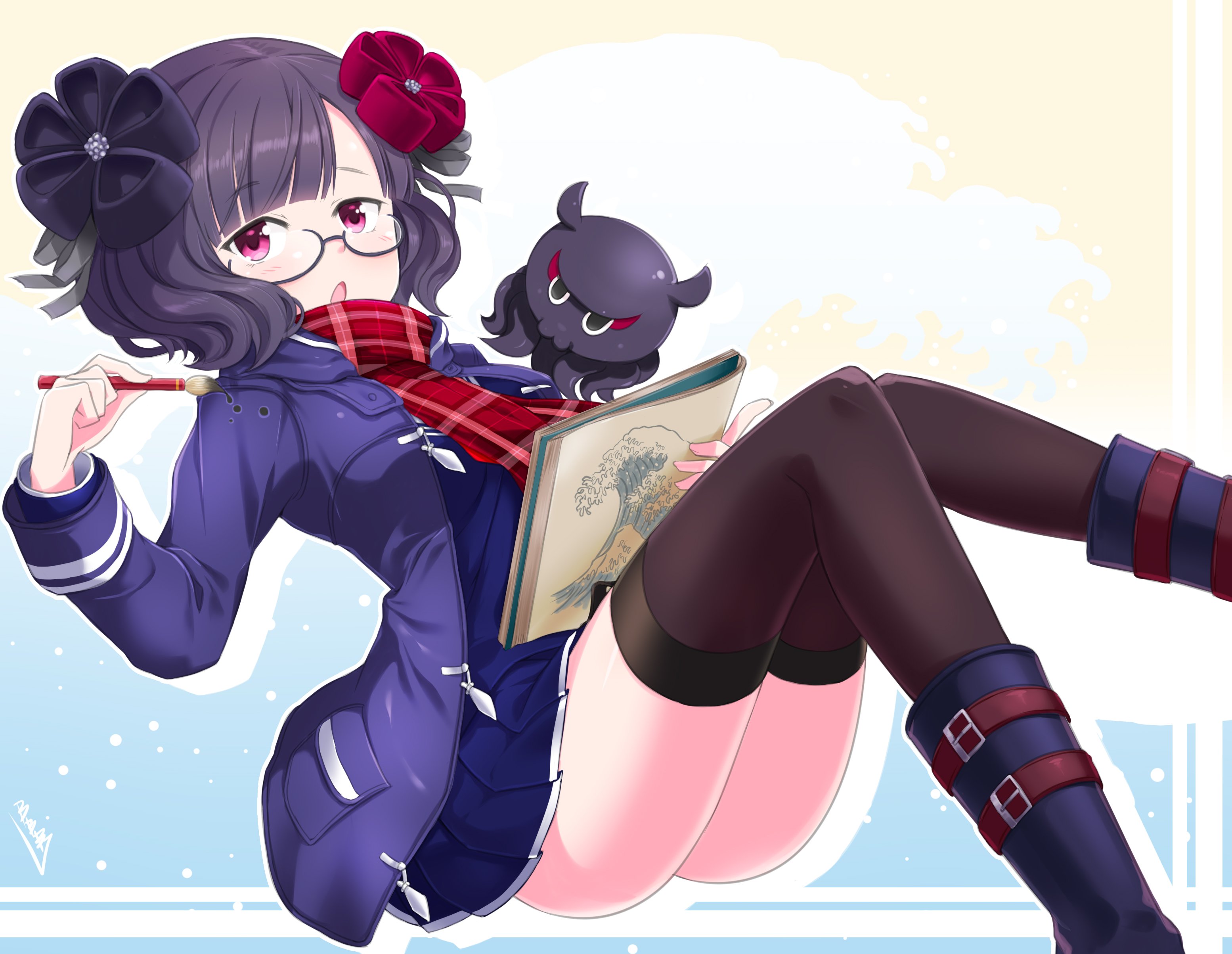 absurdres artoria_pendragon_(fate) black-framed_eyewear black_hair black_legwear blue_skirt blunt_bangs blush breasts bunji calligraphy_brush coat cosplay fate/grand_order fate_(series) flower glasses hair_flower hair_ornament highres holding holding_paintbrush katsushika_hokusai_(fate) long_sleeves looking_at_viewer medium_breasts mysterious_heroine_x_alter_(fate) mysterious_heroine_x_alter_(fate)_(cosplay) mysterious_heroine_x_alter_(first_ascension)_(fate) octopus open_clothes open_coat open_mouth paintbrush pink_eyes plaid_clothes plaid_scarf pleated_skirt purple_coat red_scarf scarf school_uniform semi-rimless_eyewear serafuku short_hair sitting skirt thighhighs wavy_hair
