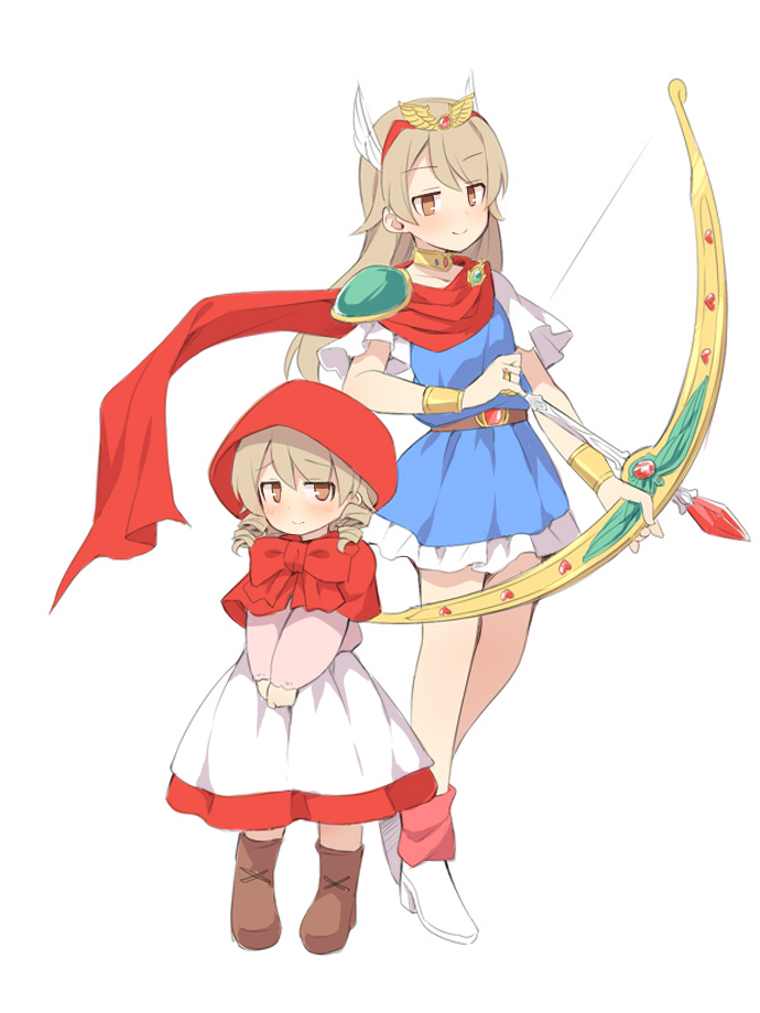 &gt;:) 2girls akazukin_chacha apron armor arrow_(projectile) bad_id bad_pixiv_id blue_dress blush boots bow bow_(weapon) brown_eyes brown_footwear brown_hair capelet chacha_(akazukin_chacha) chacha_(akazukin_chacha)_(cosplay) closed_mouth collarbone cosplay dress dual_persona full_body hair_down head_wings high_heel_boots high_heels holding holding_arrow holding_bow_(weapon) holding_weapon hood hood_down hooded_capelet idolmaster idolmaster_cinderella_girls long_hair long_sleeves looking_at_viewer loose_socks magical_princess morikubo_nono multiple_girls open_mouth pauldrons pink_shirt puffy_long_sleeves puffy_sleeves red_bow red_capelet red_scarf red_skirt red_socks revision ringlets scarf shirt short_sleeves shoulder_armor simple_background skirt sleeves_past_wrists smile socks uccow v-shaped_eyebrows very_long_hair weapon white_apron white_background white_dress white_footwear white_wings wings