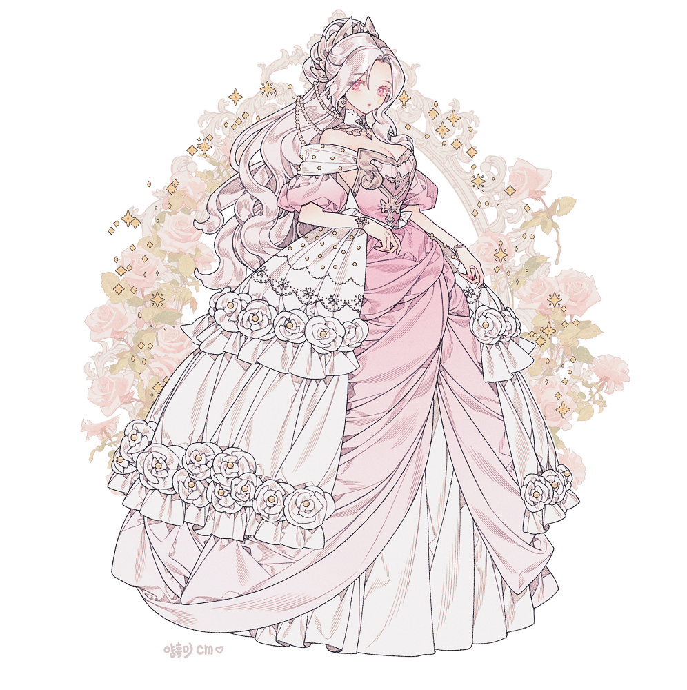 1girl bare_shoulders bracelet breasts cleavage commentary commission dress earrings floral_background flower frills full_body gold_bracelet gradient_clothes gradient_dress hair_ornament jewelry lemon89h long_hair looking_at_viewer medium_breasts off-shoulder_dress off_shoulder open_mouth original parted_bangs pink_dress pink_flower pink_hair pink_rose puffy_dress puffy_short_sleeves puffy_sleeves rococo_movement rose short_sleeves solo standing wavy_hair white_dress white_flower white_hair
