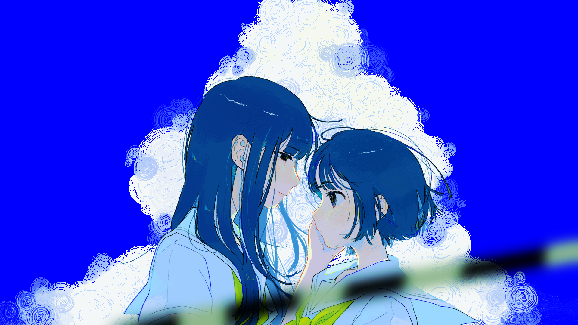 2girls blue_hair blue_sky blurry blurry_foreground boom_barrier cloud hand_on_another's_face highres long_hair looking_at_another multiple_girls neckerchief outdoors sailor_collar school_uniform serafuku shirt short_hair short_sleeves shoujo_rei_(vocaloid) skirt sky smile ushitaberu white_sailor_collar white_shirt yellow_neckerchief