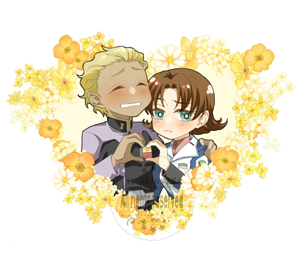 1boy 1girl arm_around_shoulder blonde_hair blush border breasts brown_hair chibi closed_eyes closed_mouth couple dearka_elsman flower frown green_eyes grin gundam gundam_seed hair_slicked_back heart heart_hands heart_hands_duo hetero jo_ro_ri medium_breasts military_uniform miriallia_haw parted_bangs short_hair smile tan teeth twitter_username upper_body white_border yellow_background yellow_flower
