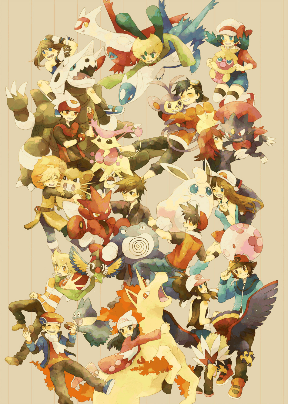 10s 6+boys 6+girls aggron ambipom backwards_hat bad_id bad_pixiv_id barry_(pokemon) baseball_cap beanie black_gloves black_hair blonde_hair blue_oak braviary brendan_(pokemon) brown_hair chatot dawn_(pokemon) delcatty denim denim_shorts earrings eating emerald_(pokemon) ethan_(pokemon) fingerless_gloves gen_1_pokemon gen_2_pokemon gen_3_pokemon gen_4_pokemon gen_5_pokemon gloves goggles goggles_on_headwear green_(pokemon) hat hat_ribbon highres hilbert_(pokemon) hilda_(pokemon) holding holding_poke_ball jacket jewelry kris_(pokemon) kutta latias latios legendary_pokemon long_hair lucas_(pokemon) may_(pokemon) miniskirt multiple_boys multiple_girls munchlax munna nintendo overalls poke_ball poke_ball_(basic) pokemon pokemon_(creature) pokemon_adventures pokemon_bw poliwrath rapidash raticate red_(pokemon) red_hair ribbon scarf scizor short_hair shorts silver_(pokemon) skirt smoochum straw_hat twintails vest weavile white_legwear wigglytuff winter_clothes wristband yellow_(pokemon)