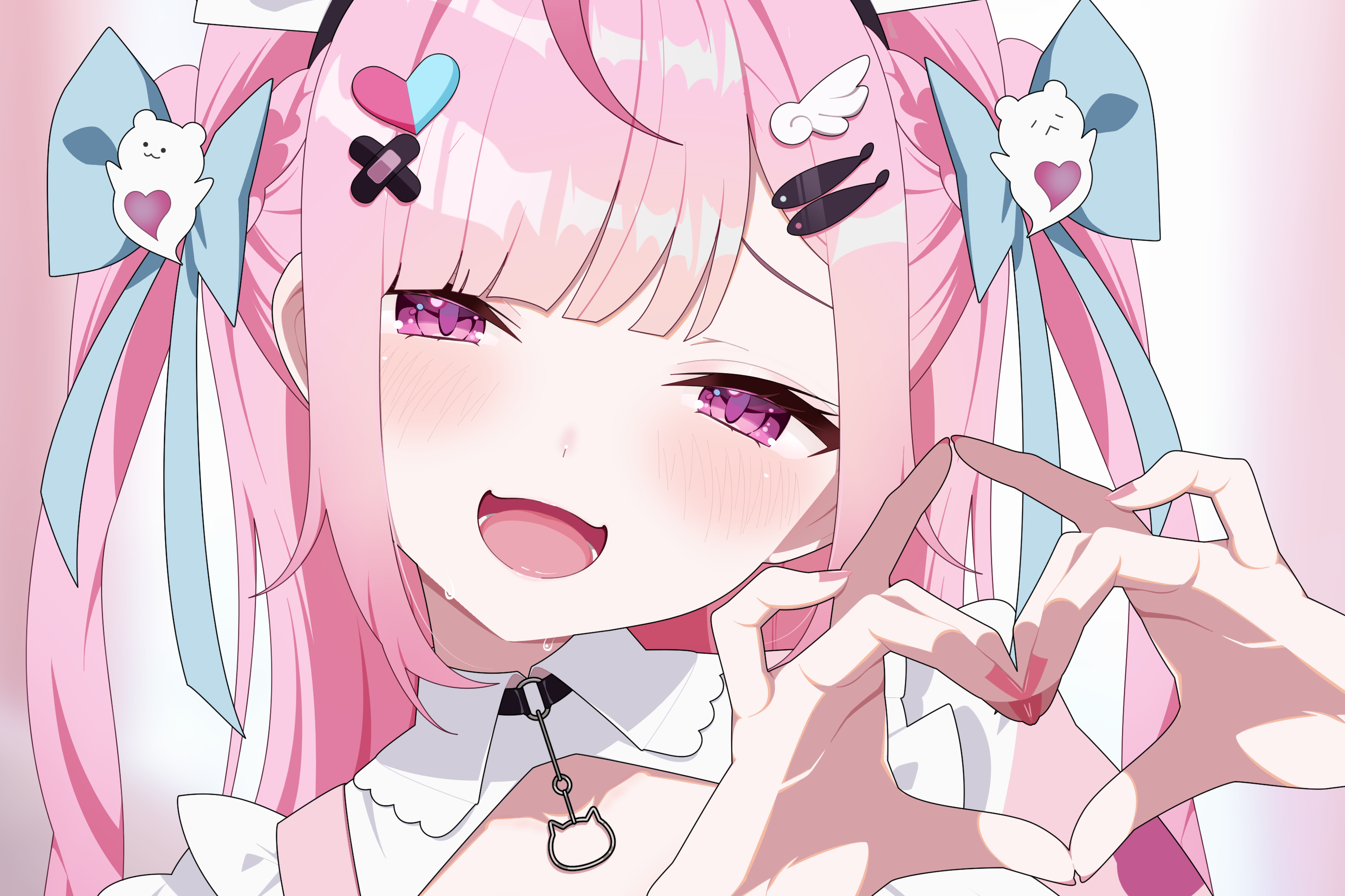 1girl bandaid bandaid_on_hand black_choker blue_bow bow cat_choker choker finger_heart fish_hair_ornament frilled_sleeves frills ghost_hair_ornament gradient_background hair_bow hair_ornament half-closed_eyes heart heart_hair_ornament highres indie_virtual_youtuber long_hair looking_at_viewer lower_teeth_only maid maid_headdress nail_polish omas_lie open_mouth pink_eyes pink_hair pink_nails pink_sleeves portrait puffy_short_sleeves puffy_sleeves short_sleeves smile solo teeth two_side_up unconventional_maid virtual_youtuber wing_hair_ornament yuuki_sakuna
