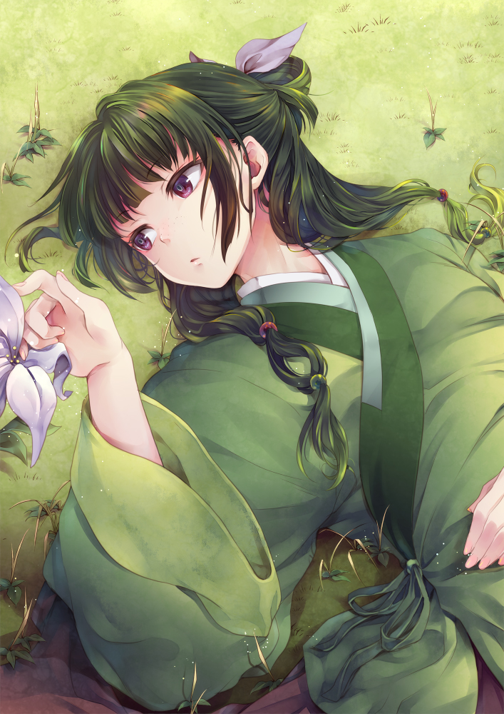 1girl aoqun chinese_clothes female_focus flat_chest flower freckles grass green_hair green_theme hair_ribbon half_updo hand_on_own_stomach hanfu kusuriya_no_hitorigoto long_hair long_sleeves looking_to_the_side low-tied_long_hair lying maomao_(kusuriya_no_hitorigoto) marble multi-tied_hair nature on_back on_ground purple_eyes reaching ribbon solo upper_body wide_sleeves yue_(lov_n_n)