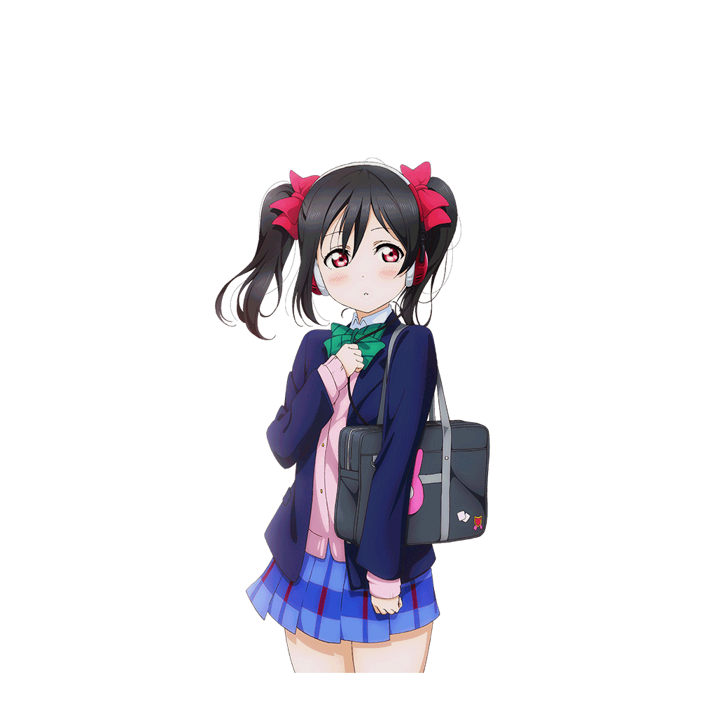 1girl bag bag_charm black_hair blazer blue_jacket blush bow bowtie cable cardigan cardigan_under_jacket charm_(object) clenched_hands cowboy_shot green_bow green_bowtie hair_bow hand_on_own_chest headphones holding jacket long_sleeves looking_to_the_side love_live! love_live!_school_idol_festival love_live!_school_idol_project murota_yuuhei official_art open_clothes open_jacket otonokizaka_school_uniform parted_lips pink_cardigan plaid_clothes plaid_skirt pleated_skirt pocket red_eyes school_bag school_uniform shirt skirt solo standing striped_bow striped_bowtie striped_clothes transparent_background twintails white_shirt wing_collar winter_uniform yazawa_nico