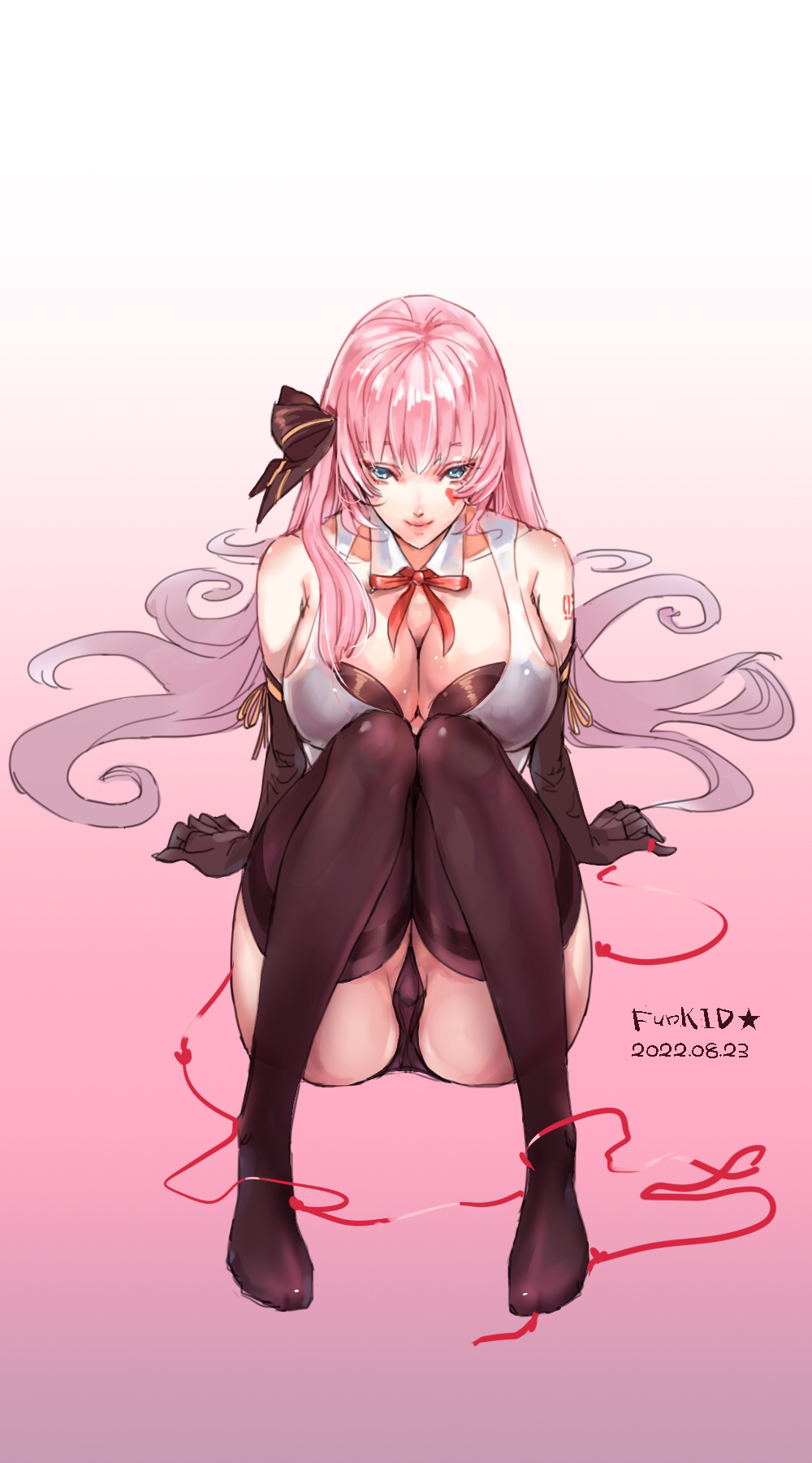 1girl ass between_breasts blackjack_(vocaloid) blue_eyes bow bowtie breasts buttons cleavage cleft_of_venus clothing_cutout detached_collar eyelashes facial_mark female_focus funkid gloves hair_between_eyes hair_bow highres long_hair looking_at_viewer megurine_luka megurine_luka_(temptation) pink_background pink_bow pink_bowtie pink_hair project_diva_(series) project_diva_f_2nd red_ribbon ribbon side_cutout sitting sleeveless smile solo thighhighs unitard very_long_hair vest vocaloid wrist_cuffs