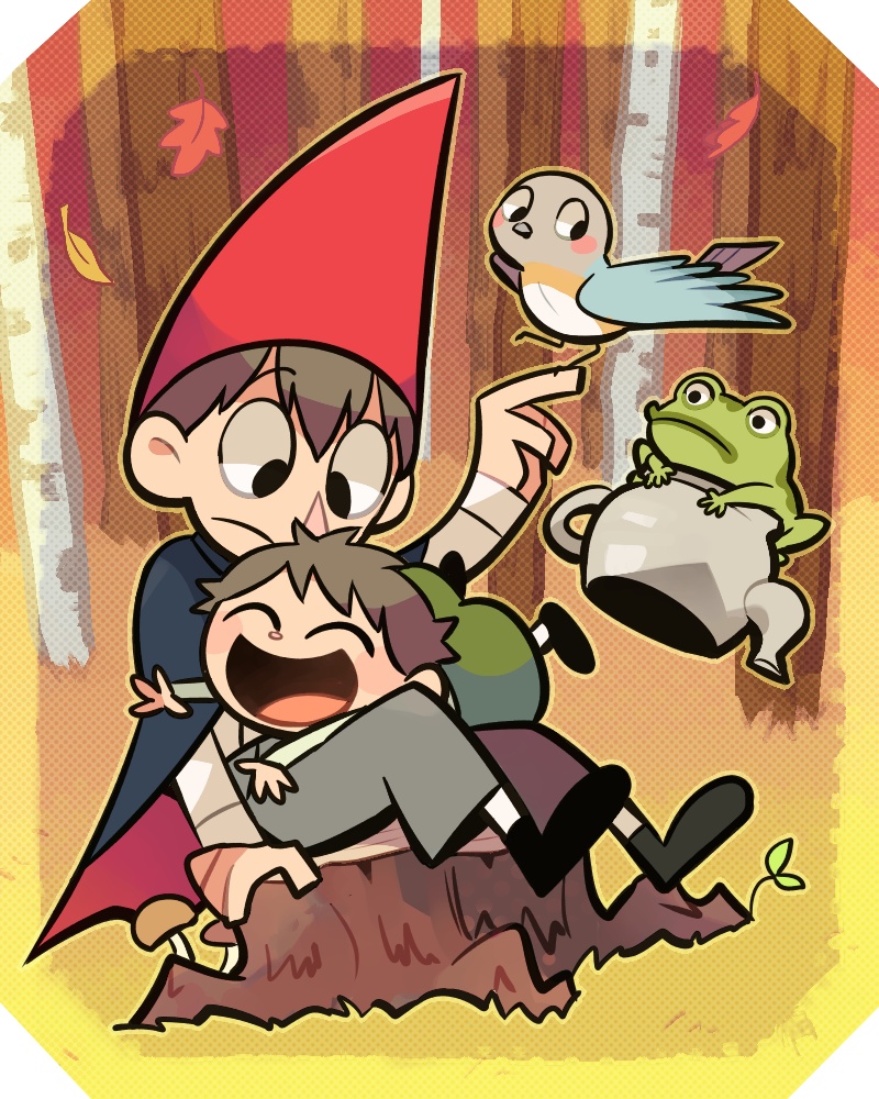 1girl 2boys animal beatrice_(over_the_garden_wall) bird black_eyes blush blush_stickers brothers cape closed_eyes expressionless forest frog gregory_(over_the_garden_wall) happy hat hug leaf looking_at_another multiple_boys nature open_mouth over_the_garden_wall short_hair siblings sitting smile teapot tree tsunoji wirt_(over_the_garden_wall)