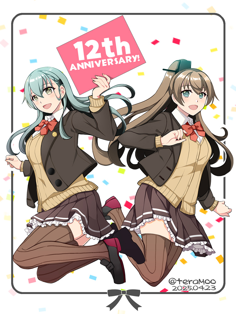 2girls anniversary aqua_eyes aqua_hair blue_eyes blush bow bowtie breasts brown_cardigan brown_hair brown_jacket brown_skirt cardigan hair_ornament hairclip jacket kantai_collection kumano_(kancolle) kumano_kai_ni_(kancolle) large_breasts long_hair looking_at_viewer multiple_girls open_cardigan open_clothes open_mouth pleated_skirt ponytail red_bow red_bowtie school_uniform shirt skirt smile suzuya_(kancolle) suzuya_kai_ni_(kancolle) teramoto_kaoru thighhighs white_shirt