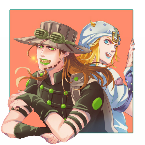 2boys blonde_hair blue_eyes blue_lips brown_hair green_eyes green_lips gyro_zeppeli johnny_joestar jojo_no_kimyou_na_bouken lipstick lowres makeup multiple_boys shimura_(yoshikatu) steel_ball_run