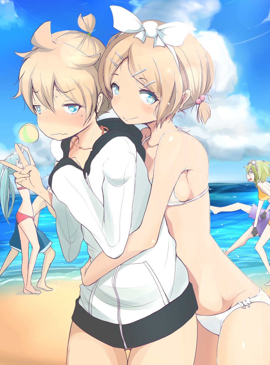 3boys 4girls bikini bikini_under_clothes blonde_hair blue_eyes brother_and_sister crossdressing day green_hair gumi hatsune_miku highres hug hug_from_behind jacket kagamine_len kagamine_rin kaito_(vocaloid) kamui_gakupo multiple_boys multiple_girls shisonoha short_hair siblings swimsuit swimsuit_under_clothes twins v vocaloid