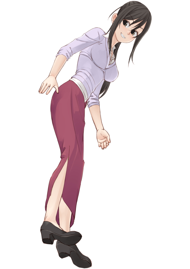 1girl amanchu! black_hair breasts commentary_request easy_(aqk7bdqt) female_focus from_below full_body grin high_heels katori_mato long_hair long_skirt medium_breasts ponytail simple_background skirt smile solo white_background