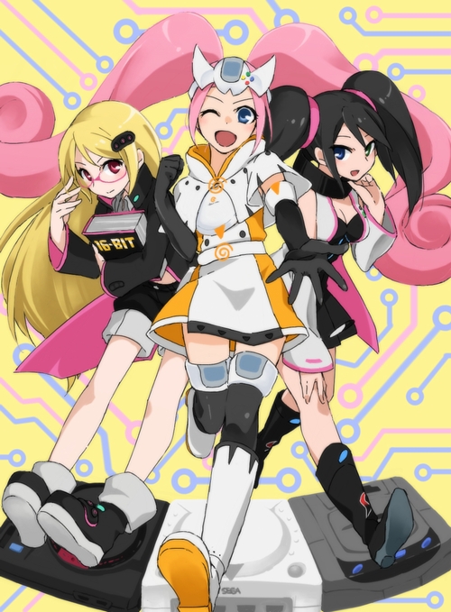 3girls ;d ankle_boots belt black_coat black_dress black_footwear black_gloves black_hair black_legwear black_shorts blonde_hair blue_eyes book boots breasts buttons capelet cleavage closed_mouth coat curly_hair detached_sleeves dress elbow_gloves game_console glasses gloves green_eyes hair_between_eyes hair_ornament hair_tie heterochromia holding holding_book leg_up legs_apart long_hair long_sleeves looking_at_another looking_at_viewer miya_(38_okho) multicolored_dress multiple_girls one_eye_closed open_clothes open_coat open_mouth pink-framed_eyewear pink_hair red_eyes sega_dreamcast sega_dreamcast_(sega_hard_girls) sega_hard_girls sega_mega_drive sega_mega_drive_(sega_hard_girls) sega_saturn sega_saturn_(sega_hard_girls) short_dress shorts sleeveless sleeveless_coat smile thighhighs twintails v-shaped_eyebrows very_long_hair white_belt white_capelet white_coat white_footwear wide_sleeves zettai_ryouiki