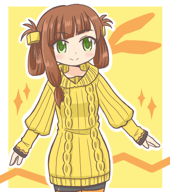 1girl alternate_costume awane_kokoro bad_id bad_twitter_id brown_hair closed_mouth commentary_request cowboy_shot cube_hair_ornament diagonal_bangs dress green_eyes hair_ornament hair_rings long_hair long_sleeves looking_at_viewer magia_record:_mahou_shoujo_madoka_magica_gaiden mahou_shoujo_madoka_magica reverse_(bluefencer) ribbed_sweater smile solo sparkle standing sweater sweater_dress yellow_background yellow_dress