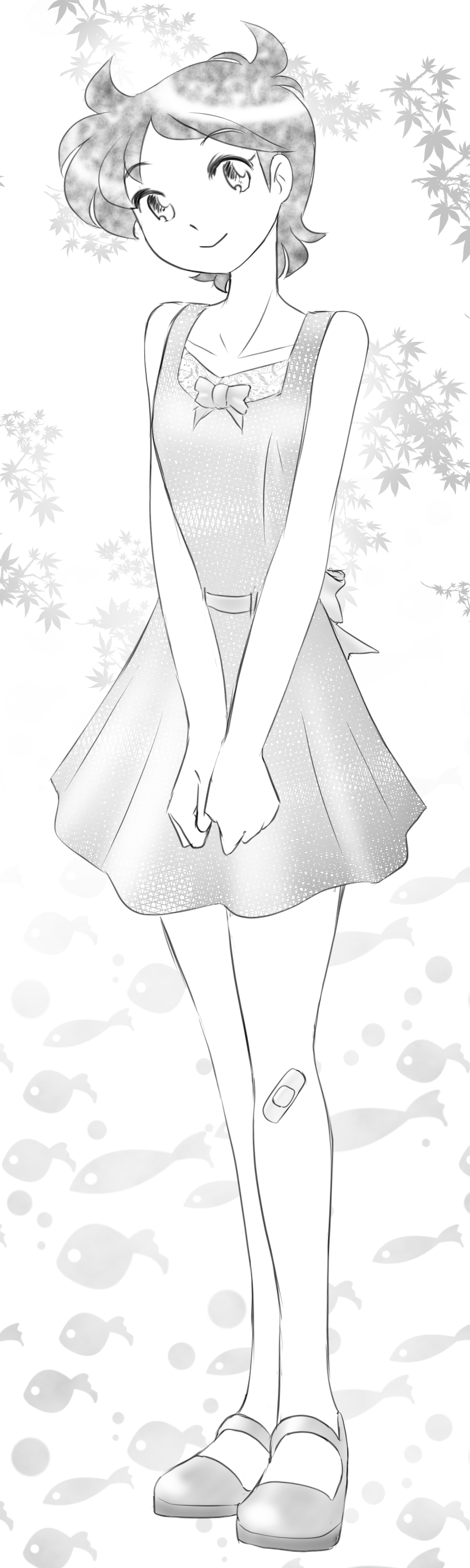 1girl absurdres antenna_hair back_bow bandaid bandaid_on_leg bare_shoulders bow bowtie collarbone dress fish_background full_body greyscale head_tilt highres leaf leaf_background light_smile looking_at_viewer monochrome original own_hands_together shirokuro_jakko short_hair sleeveless sleeveless_dress solo standing