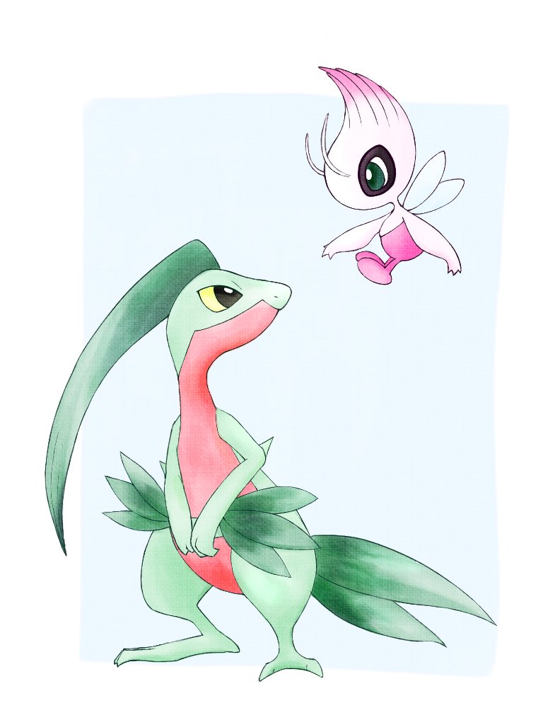 alternate_color animal_focus black_eyes blue_background border bright_pupils celebi colored_sclera colored_skin fairy_wings fireblast floating gen_2_pokemon gen_3_pokemon green_eyes green_skin grovyle legendary_pokemon multicolored_skin mythical_pokemon nintendo no_humans outside_border pokemon pokemon_(creature) pokemon_mystery_dungeon pokemon_mystery_dungeon:_explorers_of_time/darkness/sky red_skin shiny_pokemon simple_background tail two-tone_skin white_border white_pupils wings yellow_sclera