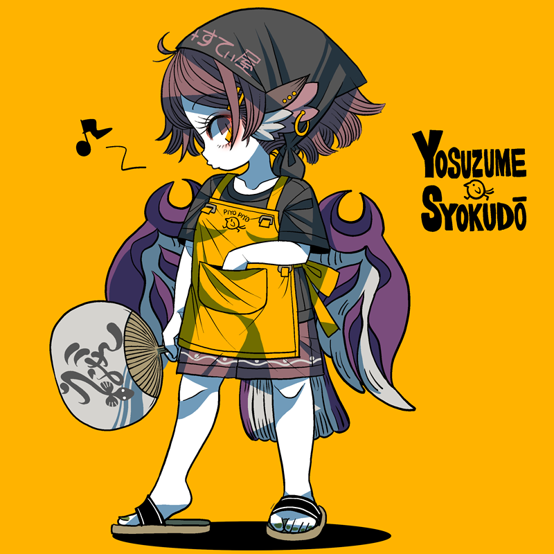1girl animal_ears apron bird_ears bird_wings black_headscarf black_headwear black_shirt brown_shorts clothes_writing earrings eighth_note full_body hair_ornament hairclip hand_fan headscarf holding holding_fan jewelry musical_note mystia_lorelei paper_fan pink_hair sandals shirt short_hair short_sleeves shorts simple_background single_earring solo touhou uchiwa white_wings wings yellow_apron yellow_background yellow_eyes yt_(wai-tei)