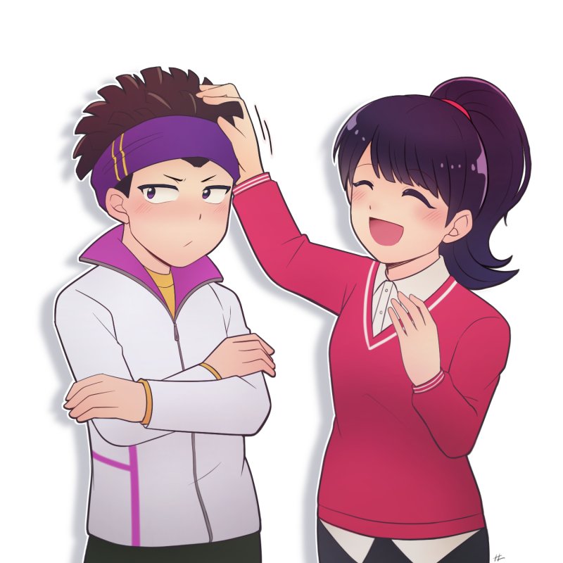 1boy 1girl blush closed_eyes digimon digimon_survive embarrassed looking_to_the_side shibuya_aoi smile tominaga_ryo