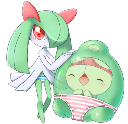 aimi_(aimia492) blush closed_eyes colored_skin duosion gen_3_pokemon gen_5_pokemon green_hair green_skin hair_over_one_eye horns kirlia lowres multicolored_skin nintendo no_feet object_on_head open_mouth panties panties_on_head pink_eyes pokemon pokemon_(creature) sidelocks simple_background smile striped_clothes striped_panties two-tone_skin underwear white_background white_skin