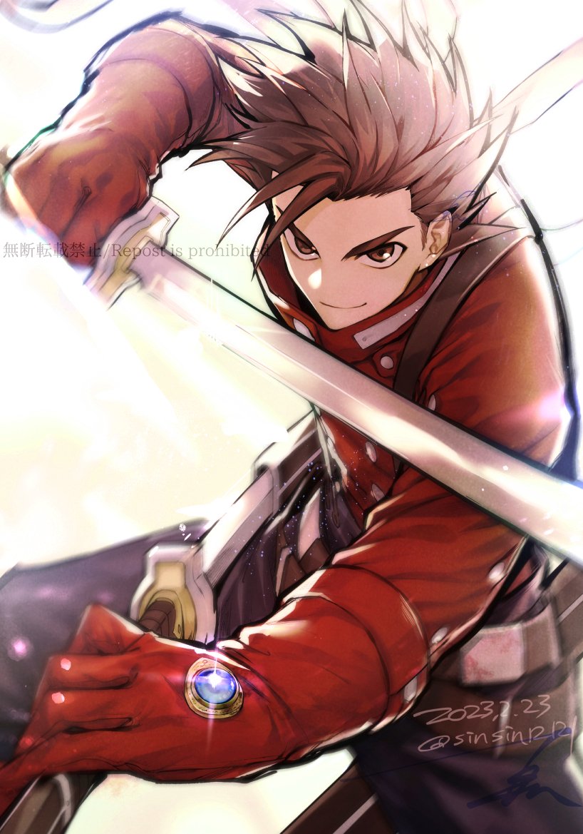 1boy brown_eyes brown_hair closed_mouth dated dual_wielding gloves holding holding_sword holding_weapon lloyd_irving looking_at_viewer male_focus pants red_gloves shin_(sinsin12121) simple_background solo sparkle spiked_hair sword tales_of_(series) tales_of_symphonia twitter_username watermark weapon