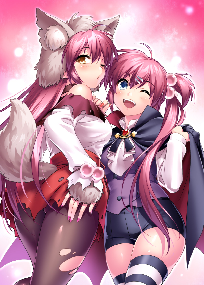 2girls ahoge animal_ears black_cape black_legwear black_shorts blue_eyes brown_eyes cape commentary_request cowboy_shot from_below futaki_kanata gradient_background hair_bobbles hair_ornament halloween_costume little_busters! long_hair multiple_girls nail_polish off-shoulder_shirt off_shoulder pantyhose pink_background purple_hair purple_vest red_shirt saigusa_haruka shirt shorts siblings side_ponytail sisters striped_clothes striped_legwear striped_thighhighs tail thighhighs torn_clothes torn_legwear vampire vest wolf_ears wolf_tail zen