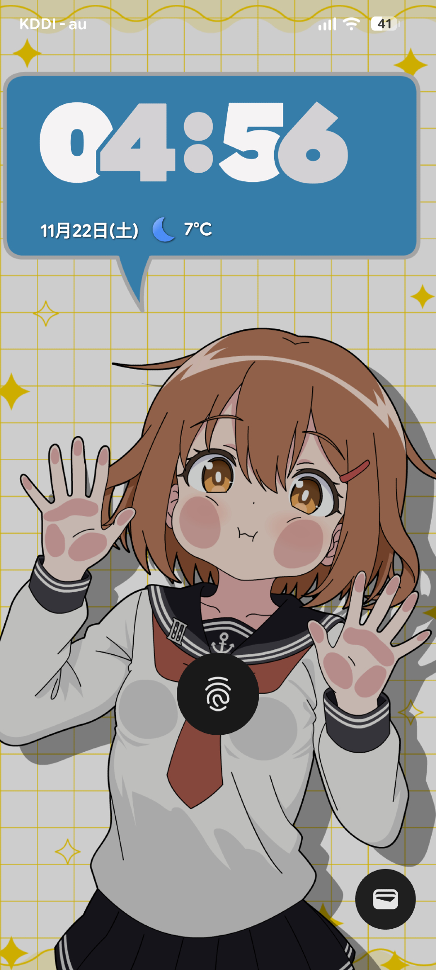 1girl against_glass black_sailor_collar black_skirt brown_eyes brown_hair clock digital_clock fake_phone_screenshot fake_screenshot fingerprint grid_background highres ikazuchi_(kancolle) kantai_collection neckerchief pleated_skirt puffy_cheeks red_neckerchief sailor_collar sailor_shirt school_uniform serafuku shirt short_hair skirt solo sugapi upper_body white_shirt