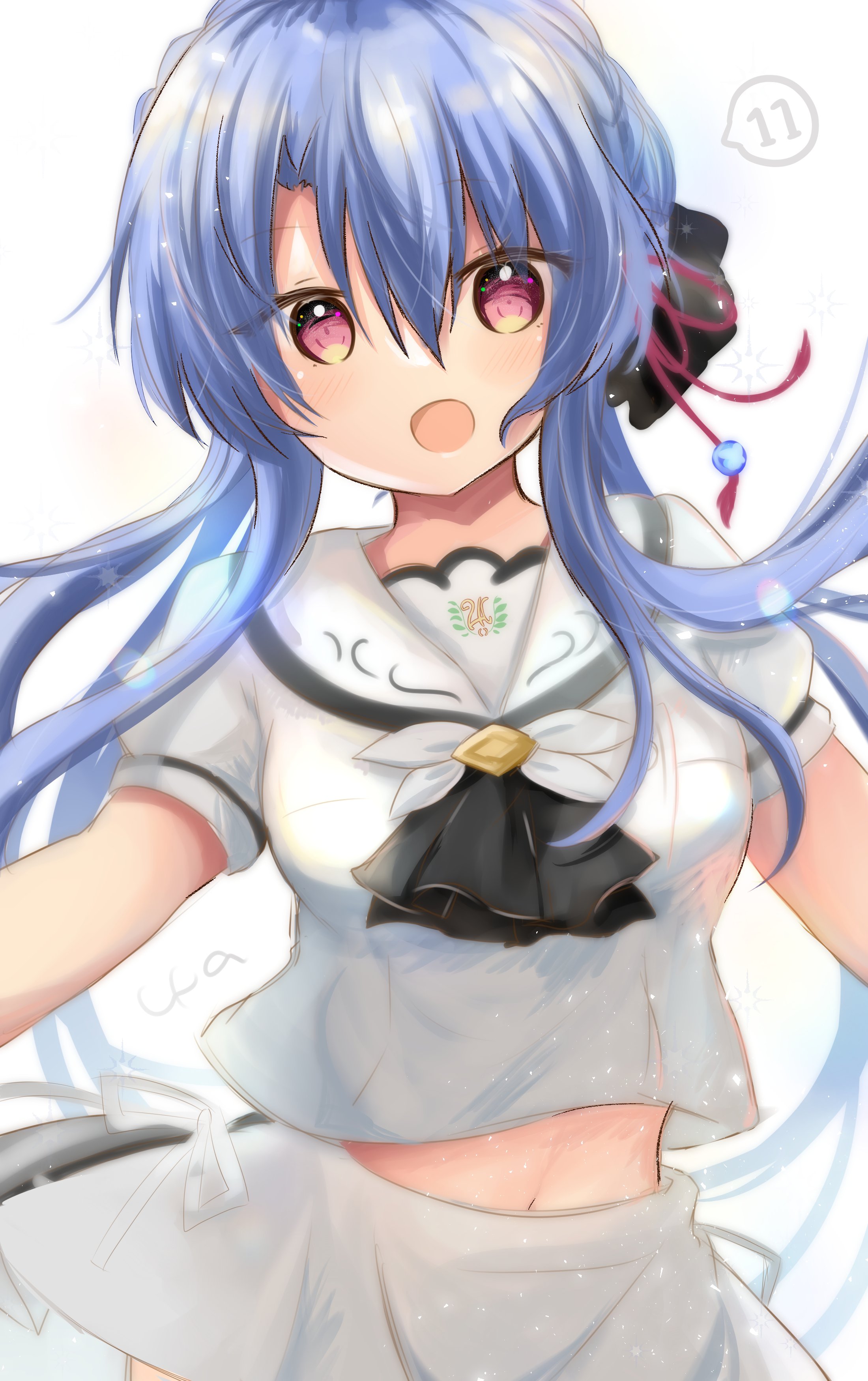 1girl :d absurdres ascot black_ascot blue_hair blush braid commentary_request cowboy_shot crown_braid episode_number eyes_visible_through_hair floating_hair hair_between_eyes happy highres light_particles long_hair looking_at_viewer midriff miniskirt navel open_mouth puffy_short_sleeves puffy_sleeves red_eyes sailor_collar school_uniform serafuku shirt short_sleeves sidelocks signature simple_background skirt smile solo sorakado_ao speech_bubble summer_pockets summer_pockets_school_uniform ura_(ura-tennislove) very_long_hair white_background white_sailor_collar white_serafuku white_shirt white_skirt
