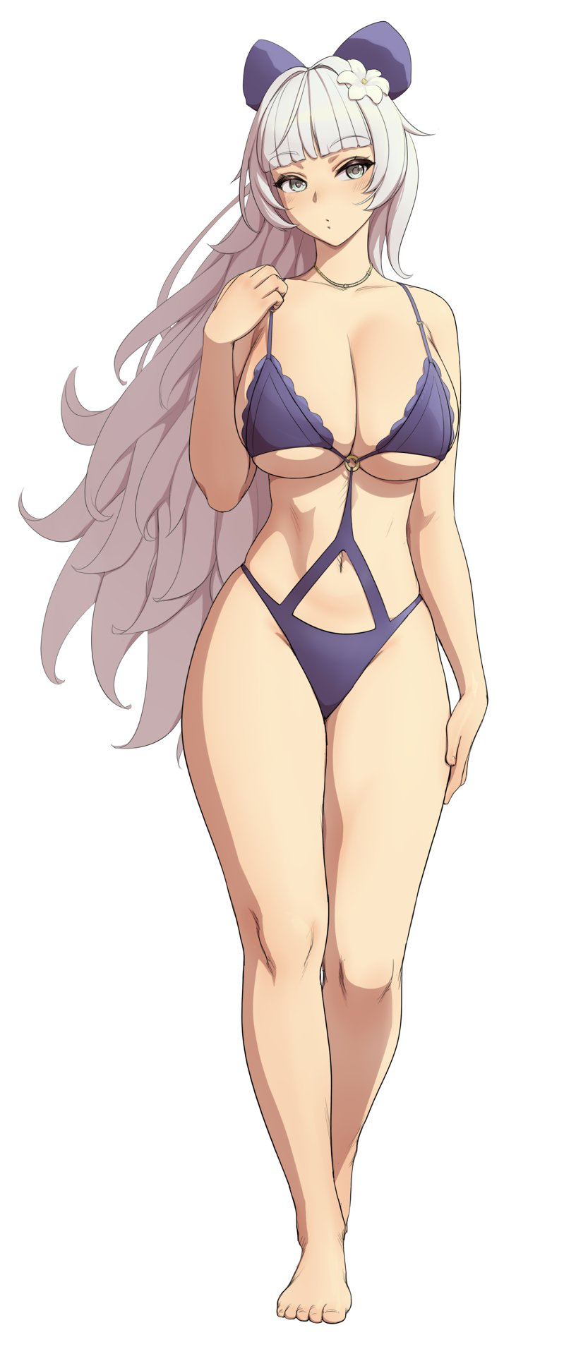 azur_lane bare_legs bare_shoulders barefoot breasts grey_eyes grey_hair hair_ornament highres jewelry large_breasts legs long_hair lvl_(sentrythe2310) navel necklace swimsuit vittorio_veneto_(azur_lane) vittorio_veneto_(the_flower_of_la_spezia)_(azur_lane)