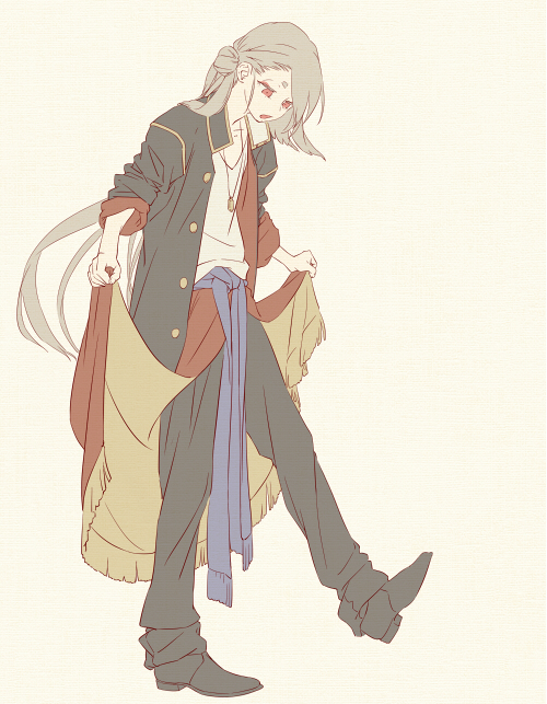 1boy androgynous black_footwear black_jacket black_pants cosplay eyeliner full_body grey_hair ima-no-tsurugi jacket jewelry leuco long_hair makeup male_focus necklace ookurikara ookurikara_(cosplay) open_mouth pants purple_sash red_eyeliner red_eyes sash shirt simple_background solo touken_ranbu white_shirt