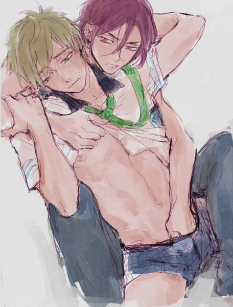 2boys clothes_lift free! hand_in_pants lifting_another&#039;s_clothes matsuoka_rin multiple_boys shirt_lift short_shorts shorts tachibana_makoto