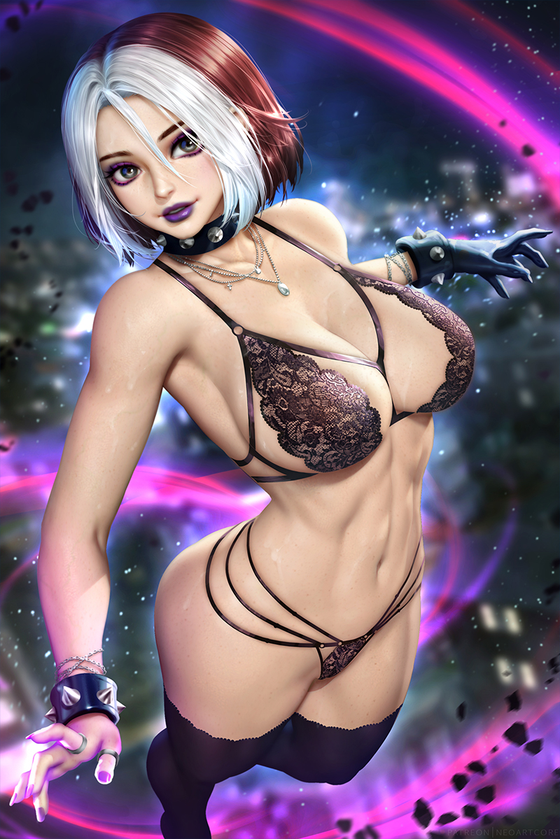 1girl black_bra black_collar black_gloves black_panties black_thighhighs bra bracelet breasts brown_hair cleavage collar collarbone eyeshadow gloves grey_eyes hair_between_eyes jewelry lace lace_bra lace_panties large_breasts makeup marvel multicolored_hair multiple_rings navel necklace neoartcore panties patreon_username purple_eyeshadow purple_lips purple_nails ring rogue_(x-men) short_hair single_glove solo spiked_bracelet spiked_collar spikes thighhighs toned toned_female two-tone_hair underwear underwear_only white_hair x-men x-men_evolution