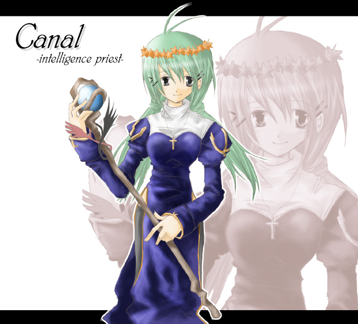 1girl 2000s_(style) antenna_hair black_thighhighs blue_dress breasts character_name commentary_request cross cross_necklace dress flower green_hair grey_eyes hair_ornament hairclip head_wreath holding holding_staff jewelry juliet_sleeves long_hair long_sleeves medium_breasts necklace orange_flower priest_(ragnarok_online) puffy_sleeves ragnarok_online side_slit solo staff thighhighs very_long_hair white_background yuina_(yuina_h) zoom_layer