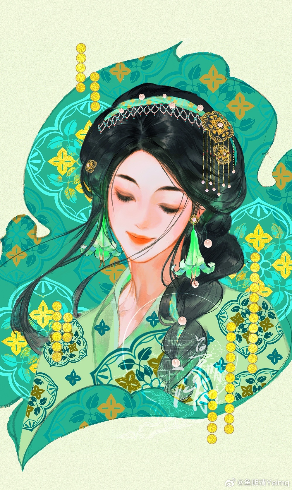 aqua_hair aqua_theme beaded_hair_ornament black_hair chinese_clothes closed_eyes earrings flower flower_earrings green_hanfu hairband hanfu highres jewelry lily_(flower) multicolored_hair orange_lips original pearl_hair_ornament portrait procreate_(medium) smile streaked_hair yu_mingqing_yeimq