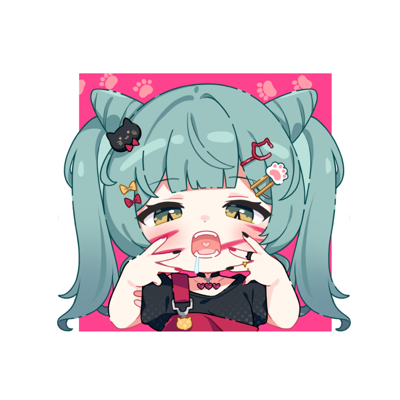 1girl animal_(vocaloid) black_nails black_shirt border bow cat_hair_ornament commentary cone_hair_bun cropped_torso english_commentary facial_mark fangs green_eyes green_hair hair_bow hair_bun hair_ornament hairclip hands_up hatsune_miku heart heart_in_mouth hitsukuya multicolored_nails nail_polish open_mouth overalls paw_hair_ornament purple_background red_bow red_nails shirt short_sleeves solo twintails upper_body vocaloid white_border yellow_bow