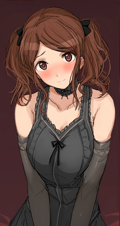 1girl amagami black_bow black_dress blush bow breasts choker dress hair_bow lace lace_choker light_smile looking_at_another medium_breasts medium_hair messy_hair mobu nakata_sae red_background solo twintails v_arms